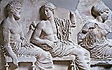 ?Pheidias. ca. 440 BCE. Parthenon Frieze featuring Poseidon, Apollo, and Artemis. Athens: Acropolis Museum.